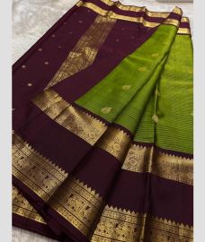 Plum Velvet and Parrot Green kanchi pattu sarees with All over Checks and Buttas design