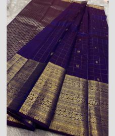 Dark Burgundy and Purple Blue kanchi pattu sarees with All over Checks and Buttas design