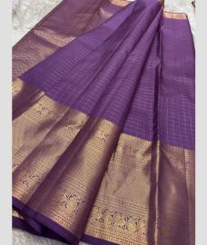 Brown and Purple kanchi pattu sarees with All over Checks and Buttas design