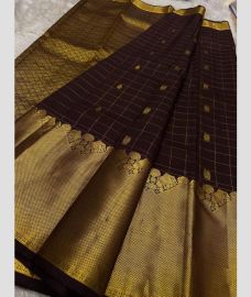 Dark Chocolate and Golden kanchi pattu sarees with All over Checks and Buttas design