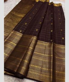 Acid Green and Chocolate kanchi pattu sarees with All over Checks and Buttas design