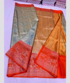 Grey and Red kanchi pattu sarees with MEENA WEAVEING WITH JAMMUN BORDER design