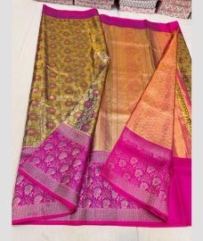 Golden Yellow and Hot Pink kanchi pattu sarees with MEENA WEAVEING WITH JAMMUN BORDER design