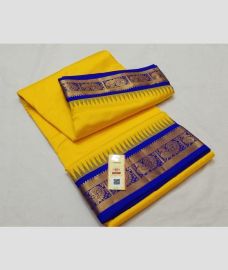 Yellow and Royal Blue kanchi pattu sarees with Kanchi Border design