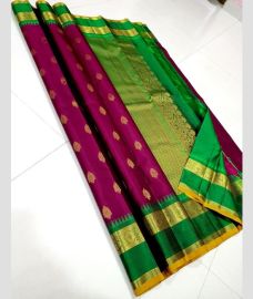 Magenta and Green kanchi pattu sarees with Gap Border design
