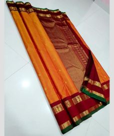 Orange and Red kanchi pattu sarees with Gap Border design