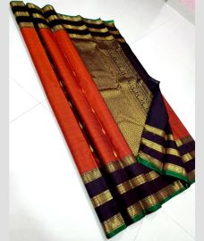 Orange and Chocolate kanchi pattu sarees with Gap Border design