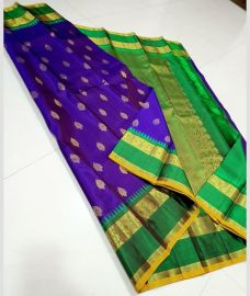 Purple and Parrot Green kanchi pattu sarees with Gap Border design