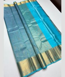 Bluish Grey and Sky Blue kanchi pattu sarees with All over Jari design