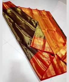 Golden Brown and Red kanchi pattu sarees with Koravai Border design