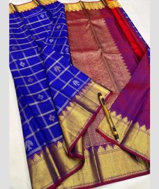 Royal Blue and Magneta kanchi pattu sarees with All over Checks and Buttas design