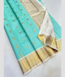 Cyan and Half White kanchi pattu sarees with Kanchi Border design