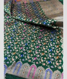 Dark Green and Silver kanchi pattu sarees with All over Meenakari design