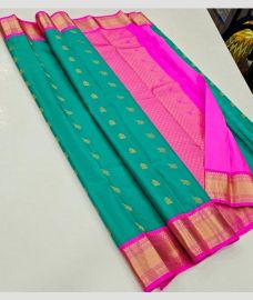 Turquoise and Neon Pink kanchi pattu sarees with Kuttu Border design