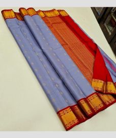 Bluish Grey and Red kanchi pattu sarees with Kuttu Border design