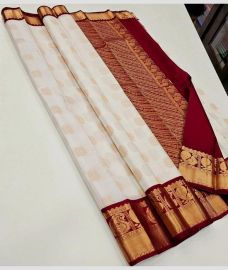 Cream and Maroon kanchi pattu sarees with Kuttu Border design