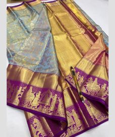 Sky Blue and Magenta kanchi pattu sarees with All over Jari design