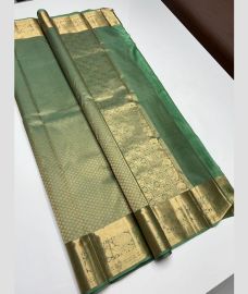 Golden and Teal kanchi pattu sarees with All over brocade design