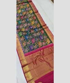 Green and Deep Pink kanchi pattu sarees with Kalamkari design