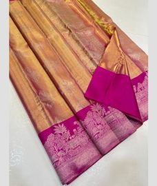 Lite Orange and Pink kanchi pattu sarees with All over Jari design
