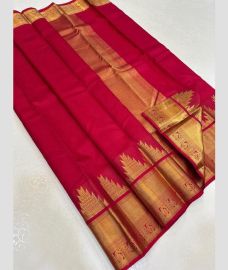Deep Pink and Golden kanchi pattu sarees with Temple Border design