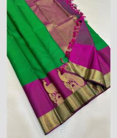 Green and Magenta kanchi pattu sarees with All over Jari design