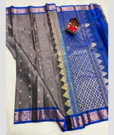 gray and silver colour kanchi pattu sarees with All over Buttas design