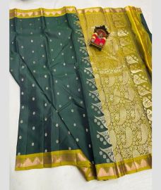 teal and olive green colour kanchi pattu sarees with All over Buttas design