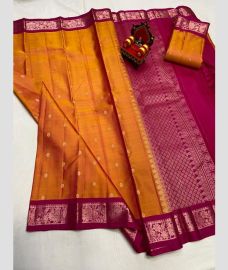 brown and purple colour kanchi pattu sarees with All over Buttas design