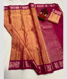 light brown and purple colour kanchi pattu sarees with All over Buttas design