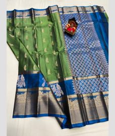 green and silver colour kanchi pattu sarees with All over design