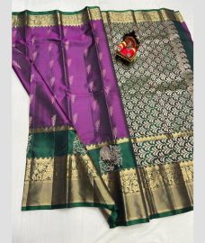 purple and silver colour kanchi pattu sarees with All over design