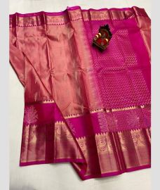 coral colour kanchi pattu sarees with All over design