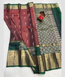 magenta red and silver colour kanchi pattu sarees with All over design