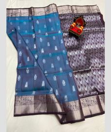 blue and silver colour kanchi pattu sarees with All over design