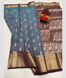brown and light blue colour kanchi pattu sarees with All over design