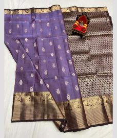purple and silver colour kanchi pattu sarees with All over design