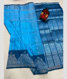 blue colour kanchi pattu sarees with All over design
