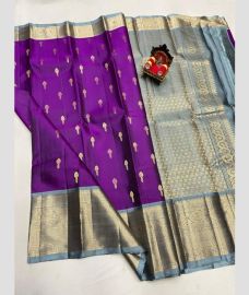 purple and silver colour kanchi pattu sarees with All over Buttas design