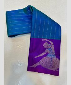 blue colour kanchi pattu sarees with All over Lines design