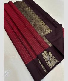 magenta red colour kanchi pattu sarees with All over Lines design