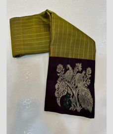 olive green colour kanchi pattu sarees with All over Lines design