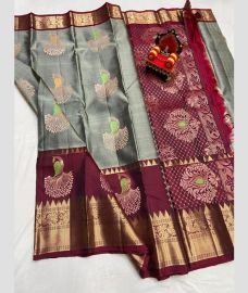 gray and purple colour kanchi pattu sarees with All over Buttas design