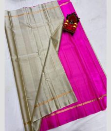 gray and magenta colour kanchi pattu sarees with Plain design