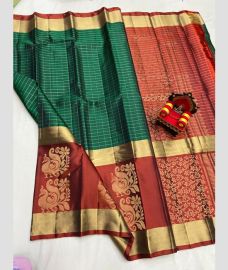 green and magenta colour kanchi pattu sarees with All over Checks design