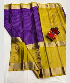 violet and olive colour kanchi pattu sarees with All over Checks design