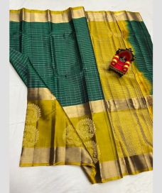 blue and olive colour kanchi pattu sarees with All over Checks design