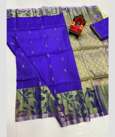 gray and blue colour kanchi pattu sarees with pochampally border design