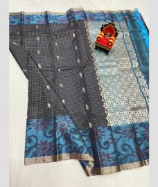 charcoal and silver colour kanchi pattu sarees with pochampally border design