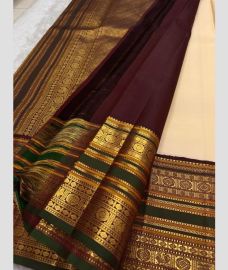 brown and purple colour kanchi pattu sarees with All over Buttas design